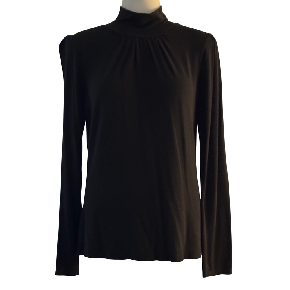 August Silk Mock Neck Top Womens Petite Med Black Gathered Knit Good Preowned